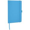 Libretas con banda elastica flex office de cartón azul claro con publicidad vista 1